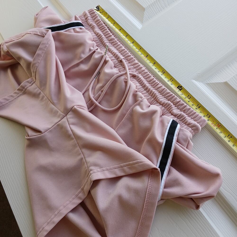 Shein Pink French Terry Shorts L contrast tape pockets drawstring elastic waist - Picture 7 of 9